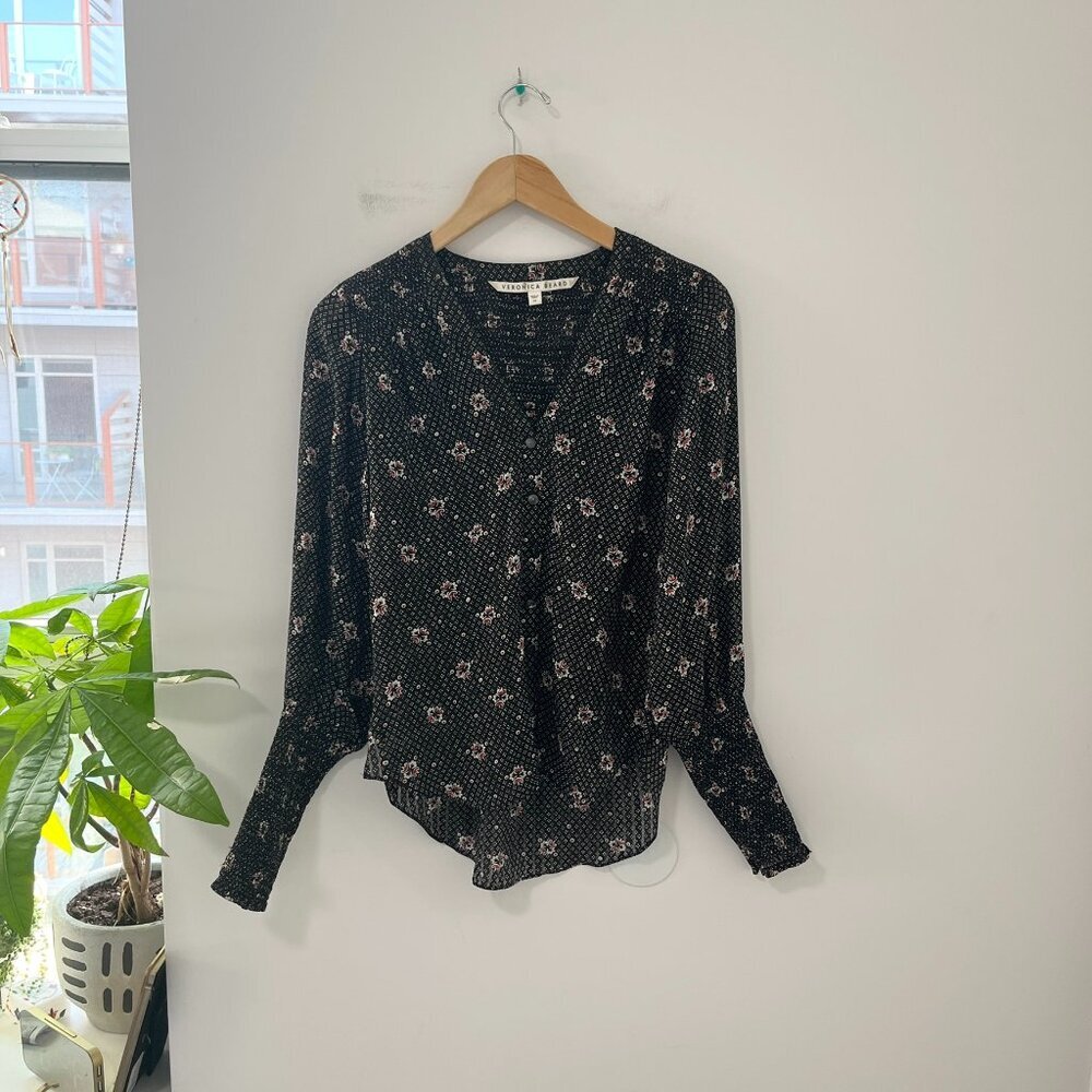 Veronica Beard Smocked Black Floral Print Long Sleeve Blouse Size 00